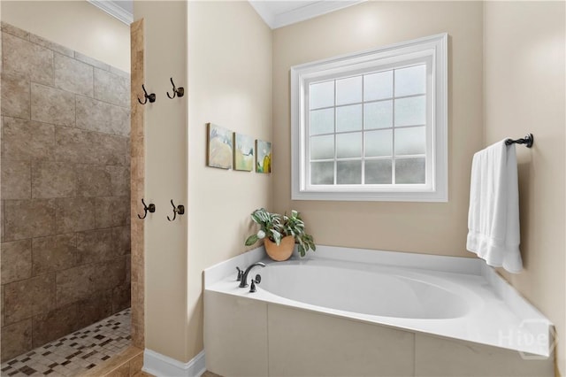 325 Shadow Moss Cir, Richmond Hill, GA 31324 - bathroom featuring a garden tub, tiled shower, and ornamental molding