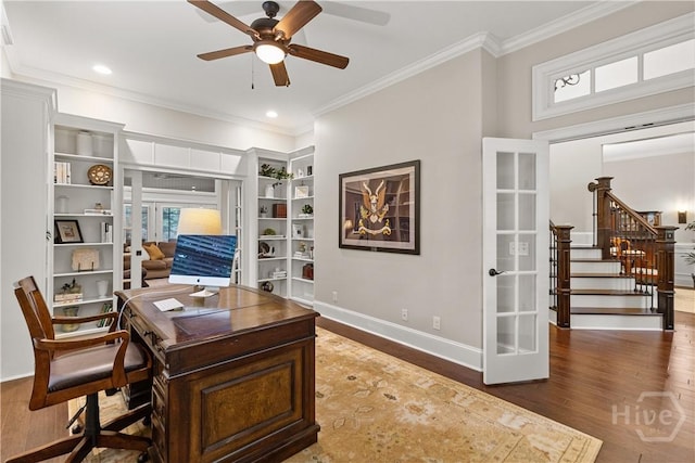 325 Shadow Moss Cir, Richmond Hill, GA 31324 - home office with ornamental molding, ceiling fan, wood finished floors, french doors, and recessed lighting