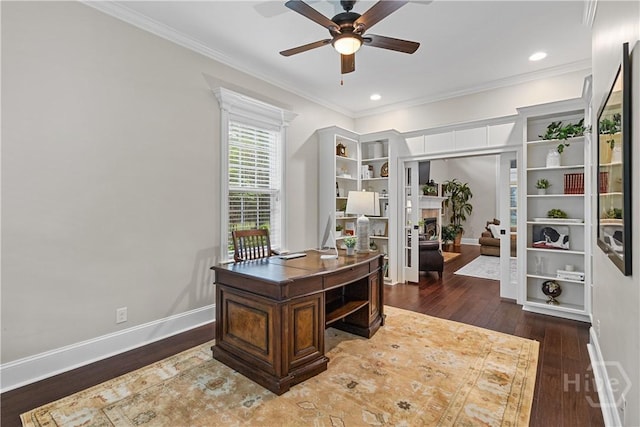 325 Shadow Moss Cir, Richmond Hill, GA 31324 - home office with a ceiling fan, wood-type flooring, crown molding, and recessed lighting