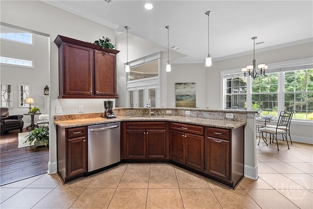 325 Shadow Moss Cir, Richmond Hill, GA 31324 - kitchen with dishwasher, crown molding, light tile patterned flooring, plenty of natural light, and light stone counters