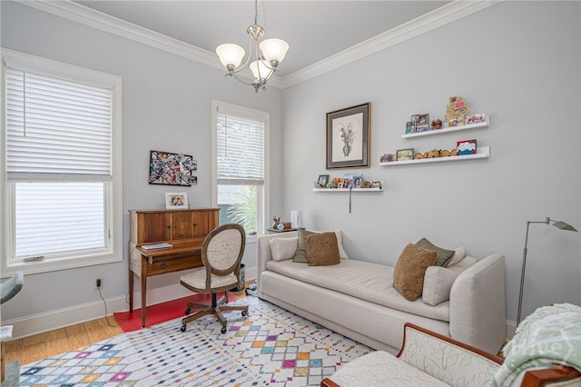 27 Mainsail Xing, Savannah, GA 31411 - office area with a chandelier, wood finished floors, crown molding, and baseboards