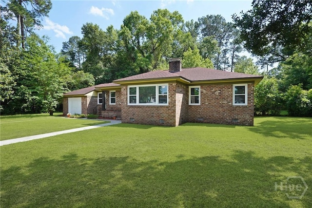 733 E Derenne Ave, Savannah, GA 31405 - view of front of home with crawl space, brick siding, a chimney, a front lawn, and a garage