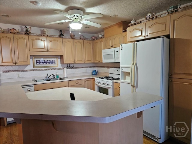 127 Lakeshore Dr, Savannah, GA 31419 - kitchen with white appliances, a sink, light brown cabinets, a ceiling fan, and a textured ceiling