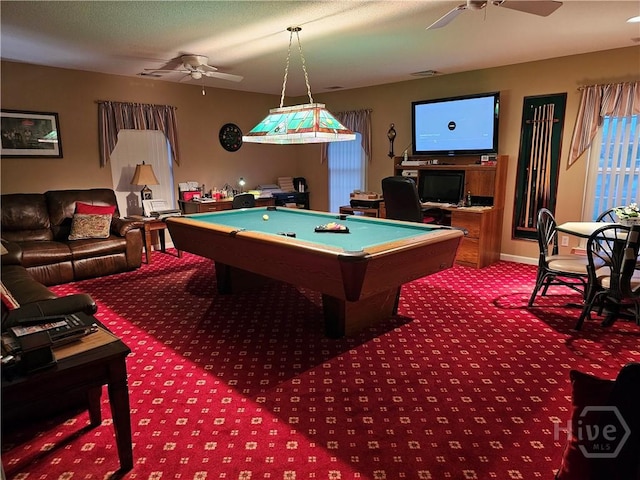 127 Lakeshore Dr, Savannah, GA 31419 - game room with a ceiling fan, carpet floors, pool table, and baseboards