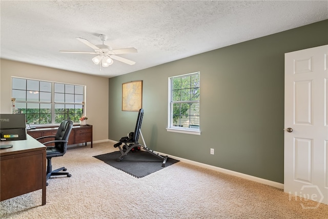 108 San Marco Dr, Tybee Island, GA 31328 - home office featuring carpet floors, ceiling fan, baseboards, and a textured ceiling