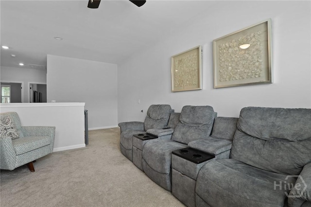 73 Small Pine Ln, Richmond Hill, GA 31324 - living room featuring light colored carpet, a ceiling fan, recessed lighting, and baseboards