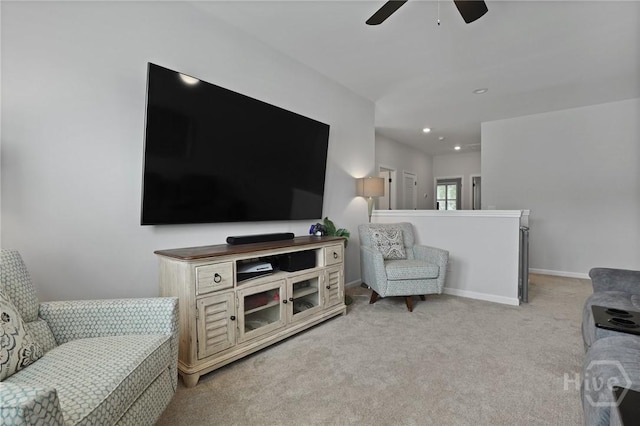 73 Small Pine Ln, Richmond Hill, GA 31324 - living room with a ceiling fan, light carpet, recessed lighting, and baseboards
