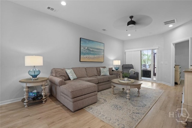 73 Small Pine Ln, Richmond Hill, GA 31324 - living room with light wood-style floors, a ceiling fan, baseboards, and recessed lighting