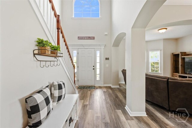 821 NE Mustang Ln, Ludowici, GA 31316 - foyer entrance with arched walkways, stairs, wood finished floors, and a high ceiling