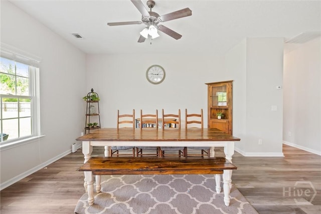 821 NE Mustang Ln, Ludowici, GA 31316 - dining room featuring light wood finished floors, a ceiling fan, and baseboards