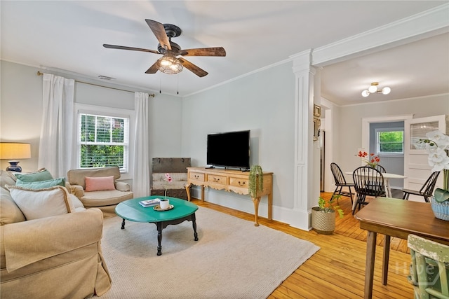 2609 Bismark Ave, Savannah, GA 31406 - living area featuring ornamental molding, ceiling fan, hardwood / wood-style floors, and baseboards