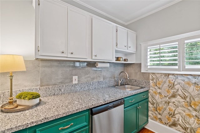 2609 Bismark Ave, Savannah, GA 31406 - kitchen with dishwasher, a sink, white cabinetry, open shelves, and ornamental molding
