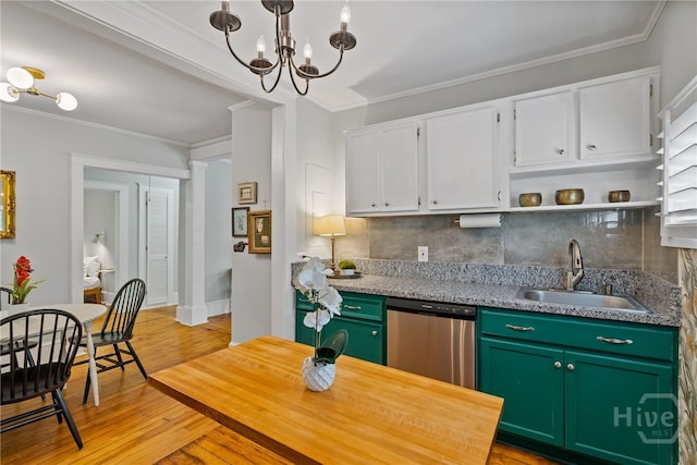 2609 Bismark Ave, Savannah, GA 31406 - kitchen featuring dishwasher, a sink, ornamental molding, white cabinets, and tasteful backsplash