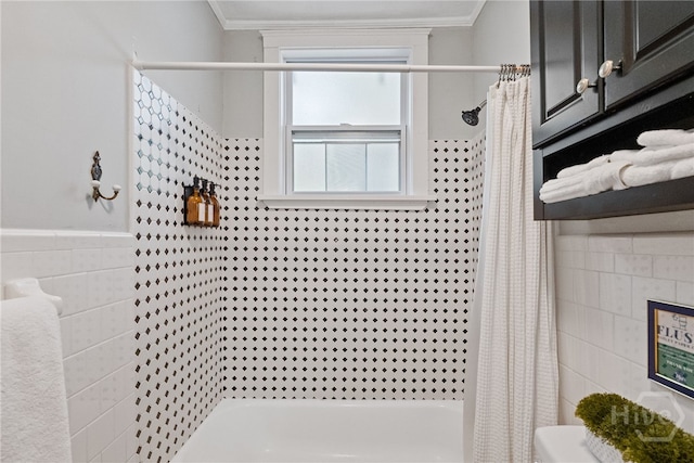 2609 Bismark Ave, Savannah, GA 31406 - full bath with tile walls, shower / bathtub combination with curtain, ornamental molding, and toilet