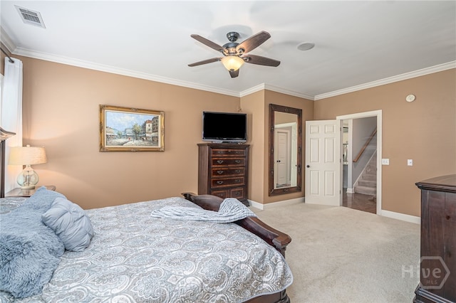 10 Flanders Dr, Richmond Hill, GA 31324 - carpeted bedroom featuring crown molding, baseboards, and a ceiling fan