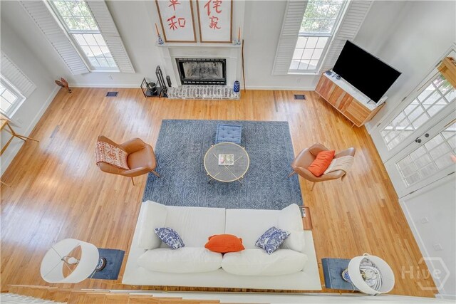 8720 Ferguson Ave, Savannah, GA 31406 - living area featuring a fireplace, baseboards, wood finished floors, and healthy amount of natural light