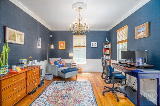 8720 Ferguson Ave, Savannah, GA 31406 - office featuring a chandelier, wood finished floors, wainscoting, and crown molding