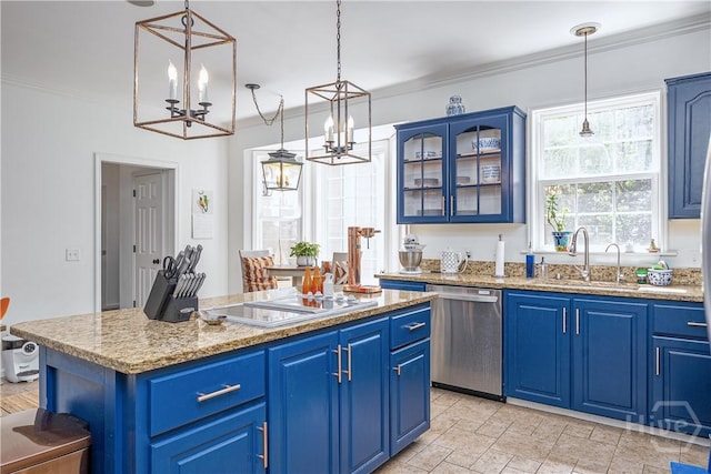 8720 Ferguson Ave, Savannah, GA 31406 - kitchen featuring stainless steel dishwasher, blue cabinets, a sink, and crown molding