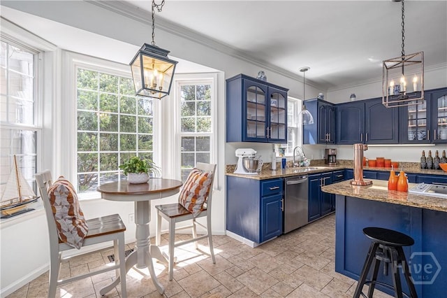 8720 Ferguson Ave, Savannah, GA 31406 - kitchen with blue cabinets, a chandelier, stainless steel dishwasher, ornamental molding, and light stone countertops