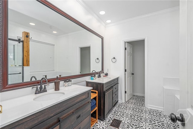 8720 Ferguson Ave, Savannah, GA 31406 - bathroom with vanity, ornamental molding, baseboards, recessed lighting, and tile patterned flooring