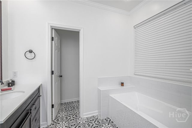 8720 Ferguson Ave, Savannah, GA 31406 - full bath featuring vanity, a bath, ornamental molding, baseboards, and tile patterned flooring
