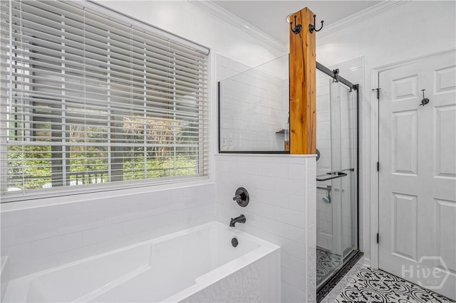 8720 Ferguson Ave, Savannah, GA 31406 - full bath featuring a garden tub, a stall shower, ornamental molding, and tile patterned floors