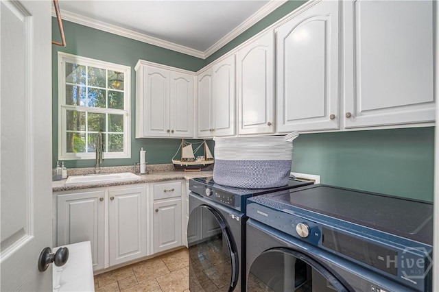 8720 Ferguson Ave, Savannah, GA 31406 - laundry area with cabinet space, independent washer and dryer, ornamental molding, and stone tile flooring