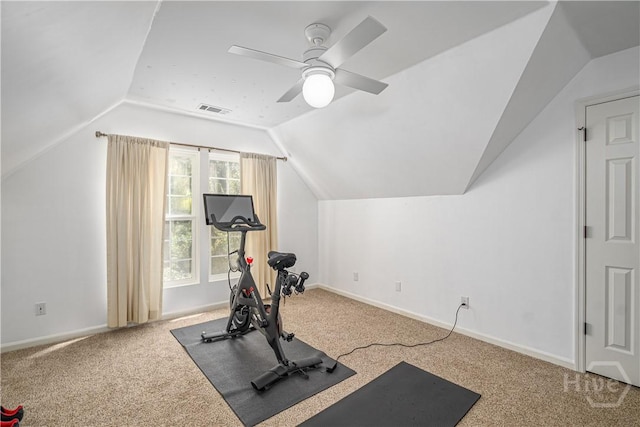 8720 Ferguson Ave, Savannah, GA 31406 - exercise area with vaulted ceiling, carpet floors, a ceiling fan, and baseboards