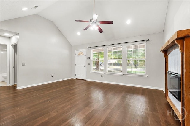 125 Crossing Cir, Rincon, GA 31326 - unfurnished living room with lofted ceiling, ceiling fan, dark wood-type flooring, baseboards, and recessed lighting