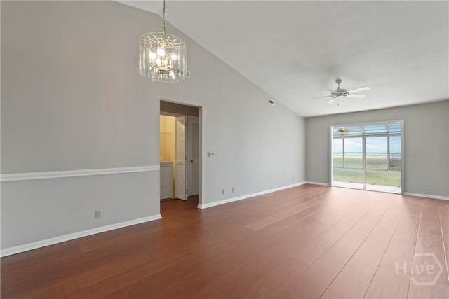 104 Bull River Bluff Dr Unit 104, Savannah, GA 31410 - empty room with a chandelier, baseboards, ceiling fan, wood finished floors, and high vaulted ceiling