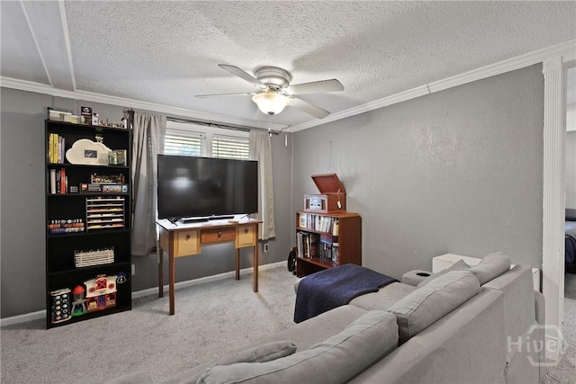 24 Mimosa St, Midway, GA 31320 - living area featuring crown molding, carpet flooring, ceiling fan, a textured ceiling, and baseboards
