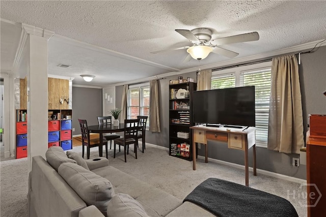 24 Mimosa St, Midway, GA 31320 - carpeted living area with ceiling fan, healthy amount of natural light, a textured ceiling, ornamental molding, and baseboards