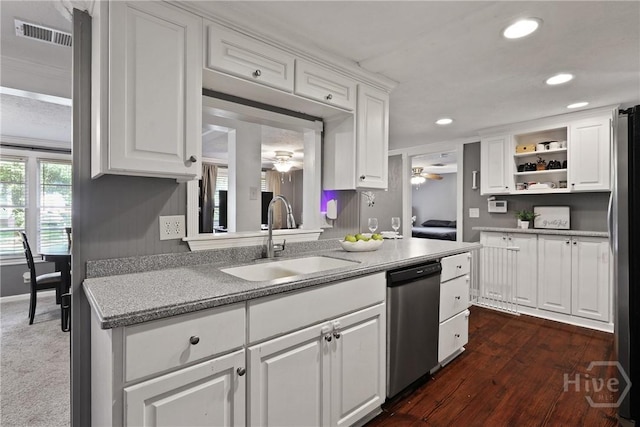 24 Mimosa St, Midway, GA 31320 - kitchen with a sink, ceiling fan, appliances with stainless steel finishes, white cabinets, and recessed lighting