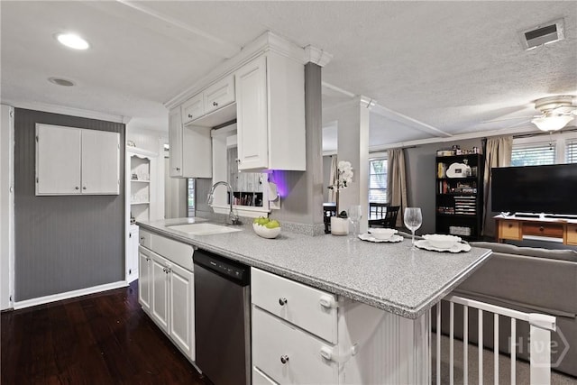 24 Mimosa St, Midway, GA 31320 - kitchen with dishwasher, a sink, open floor plan, white cabinetry, and dark wood-style flooring