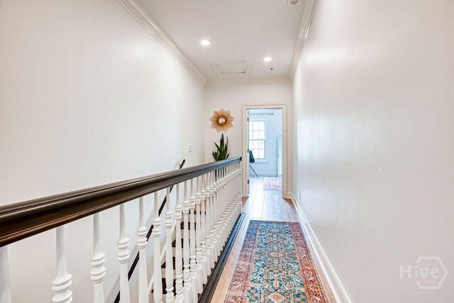 329 W Charlton St, Savannah, GA 31401 - hallway with ornamental molding, light wood finished floors, baseboards, and recessed lighting