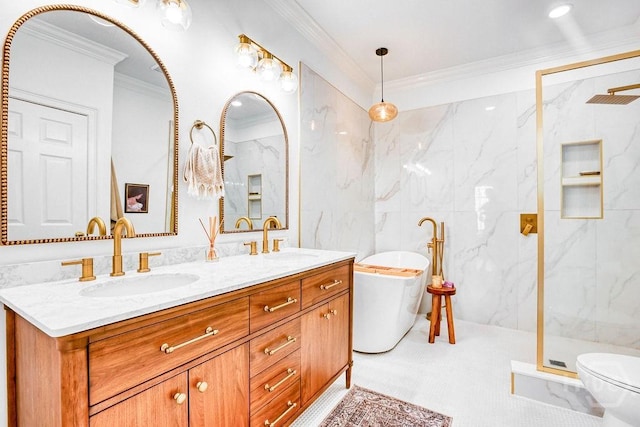 329 W Charlton St, Savannah, GA 31401 - bathroom with crown molding, a marble finish shower, double vanity, a soaking tub, and toilet