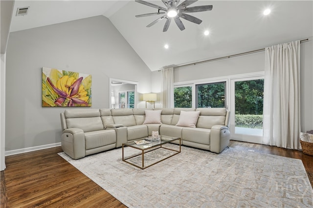 3 Benedictine Retreat Retreat, Savannah, GA 31411 - living room featuring high vaulted ceiling, a ceiling fan, wood finished floors, recessed lighting, and baseboards