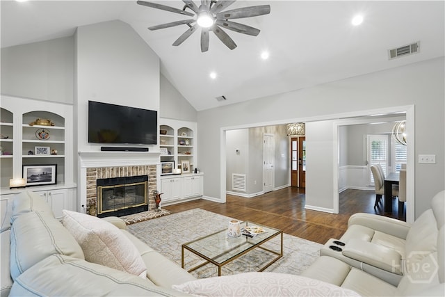 3 Benedictine Retreat Retreat, Savannah, GA 31411 - living room with ceiling fan, a fireplace, dark wood-style flooring, baseboards, and high vaulted ceiling