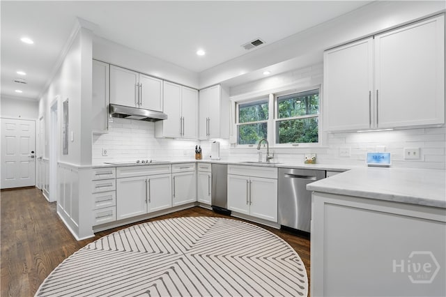 3 Benedictine Retreat Retreat, Savannah, GA 31411 - kitchen featuring dishwasher, under cabinet range hood, a sink, black electric stovetop, and white cabinets