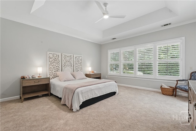3 Benedictine Retreat Retreat, Savannah, GA 31411 - bedroom with a tray ceiling, light colored carpet, baseboards, crown molding, and ceiling fan