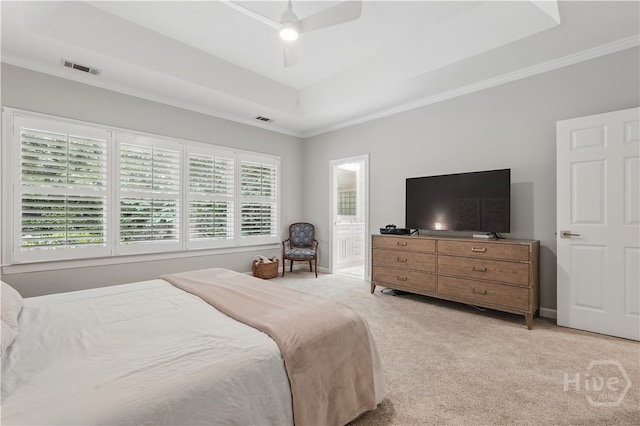 3 Benedictine Retreat Retreat, Savannah, GA 31411 - bedroom with a tray ceiling, light colored carpet, connected bathroom, crown molding, and ceiling fan