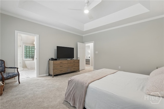 3 Benedictine Retreat Retreat, Savannah, GA 31411 - bedroom with a tray ceiling, light colored carpet, crown molding, a ceiling fan, and ensuite bath
