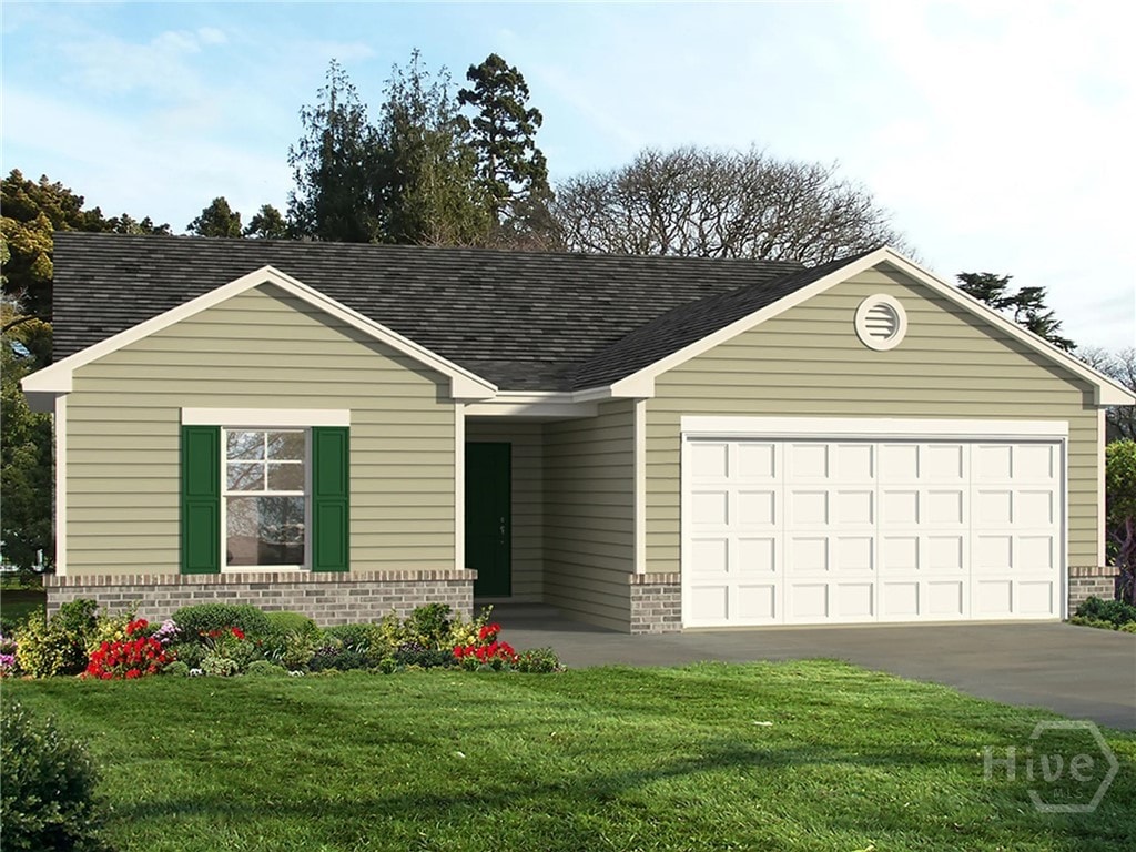 52 Flagler Dr, Savannah, GA 31419 - ranch-style house with brick siding, a garage, driveway, and a front lawn