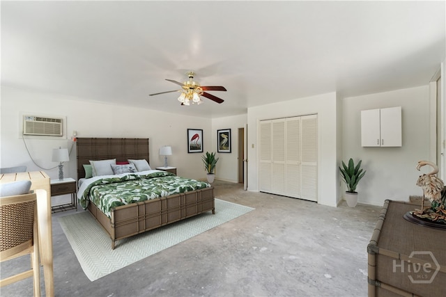 1525 Whitney Rd, Savannah, GA 31406 - bedroom featuring unfinished concrete floors, a closet, ceiling fan, and a wall mounted air conditioner