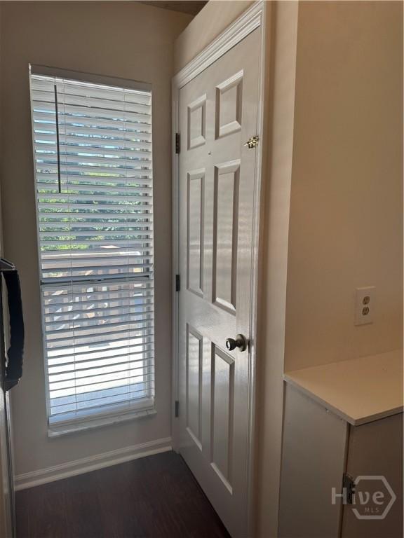 142 Bull River Bluff Dr, Savannah, GA 31410 - doorway to outside featuring baseboards and dark wood finished floors