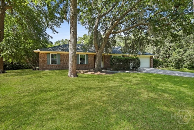 203 Whittington Dr, Savannah, GA 31419 - ranch-style house with driveway, a garage, a front lawn, and brick siding
