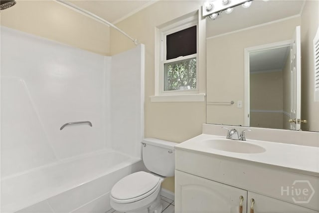 203 Whittington Dr, Savannah, GA 31419 - bathroom featuring toilet, vanity, shower / bathtub combination, crown molding, and baseboards