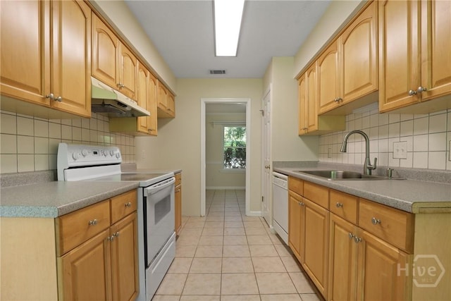 203 Whittington Dr, Savannah, GA 31419 - kitchen featuring white appliances, under cabinet range hood, a sink, decorative backsplash, and light tile patterned floors