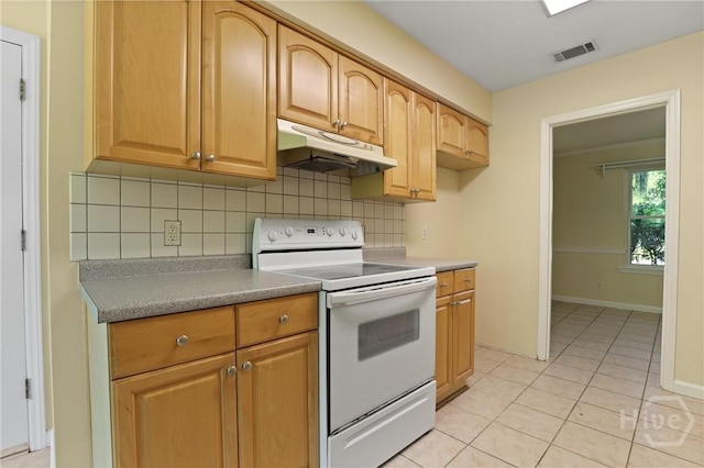 203 Whittington Dr, Savannah, GA 31419 - kitchen with white electric stove, under cabinet range hood, decorative backsplash, and light tile patterned floors