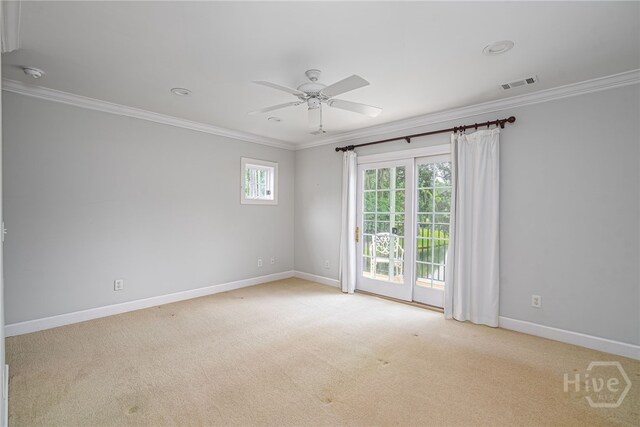 2 Franklin Creek Rd S, Savannah, GA 31411 - empty room featuring ornamental molding, ceiling fan, baseboards, light colored carpet, and a smoke detector